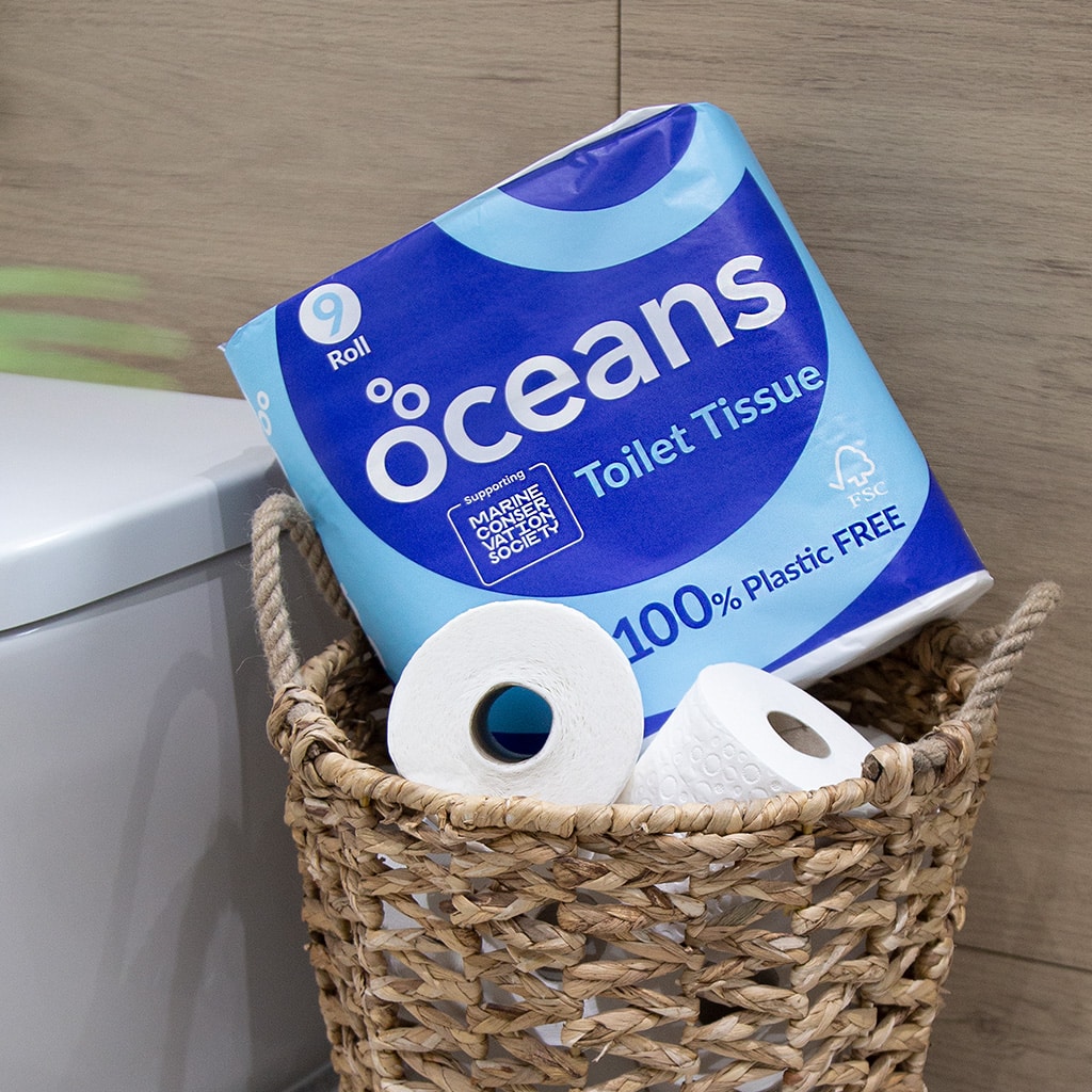 Oceans toilet roll in a wicker basket