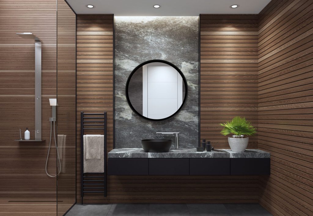 a modern minimalist bathroom without clutter or plastic