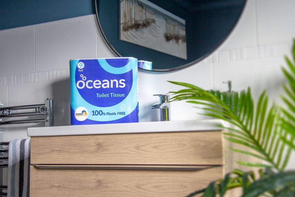 Oceans plastic free toilet tissue in bathroom